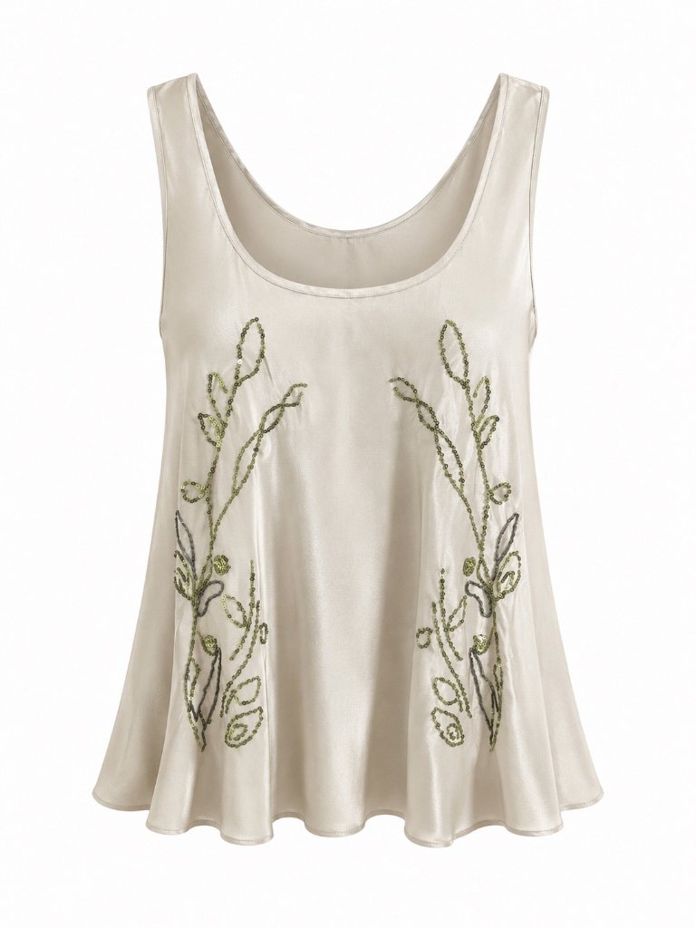 Aratta Womens Silk Beige Embroidered Tank Top Sleeveless Flowy Size L